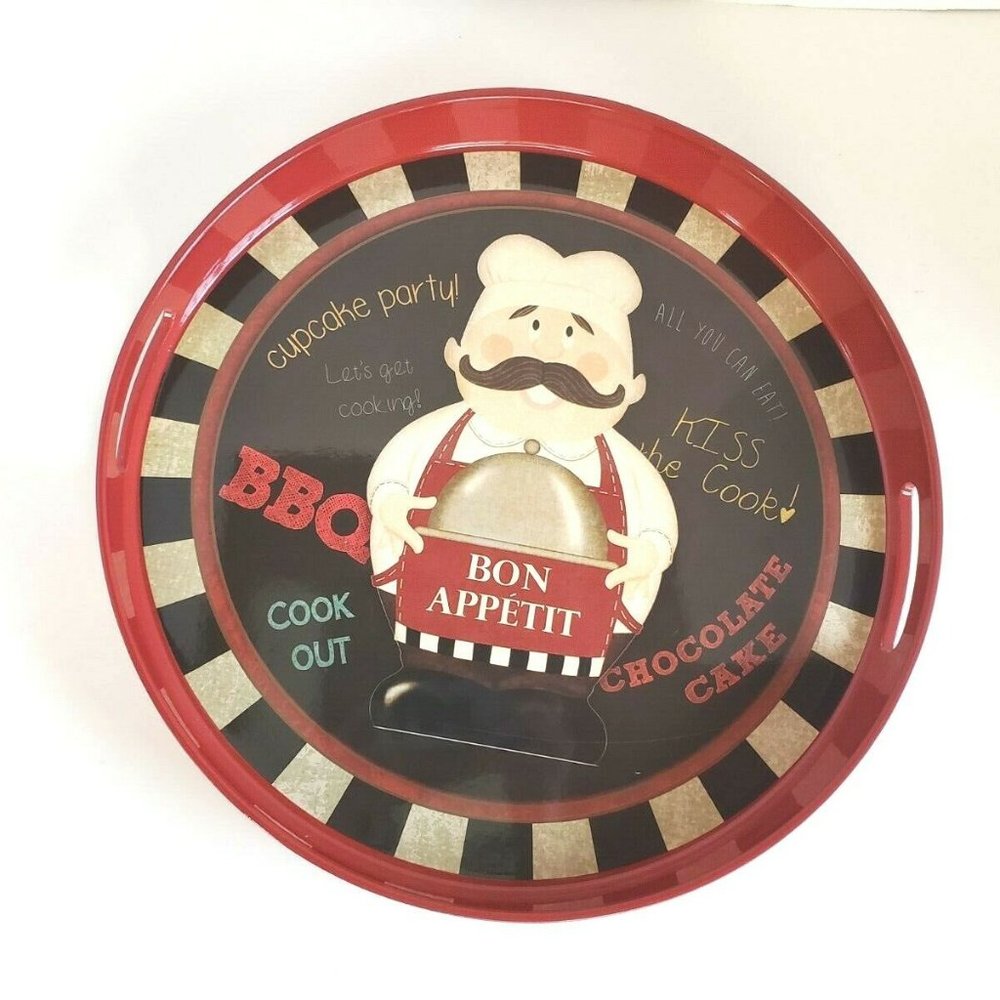 Round Bon Appetit Chef Red Round Metal Tray With Handles Boston Warehouse EUC
